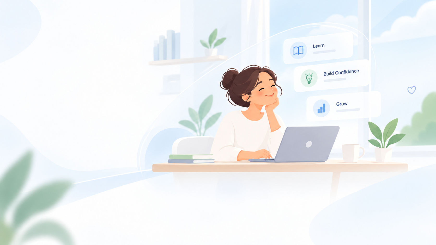 A smiling woman at her laptop beside cards for learning, building confidence, and growth.