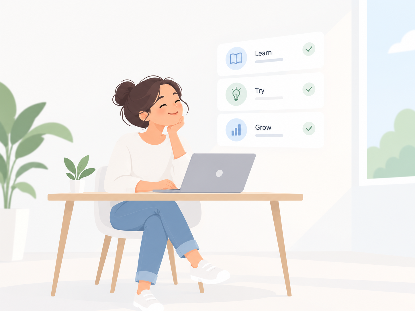 A smiling woman learning at her laptop, with Learn, Try, and Grow cards beside her.